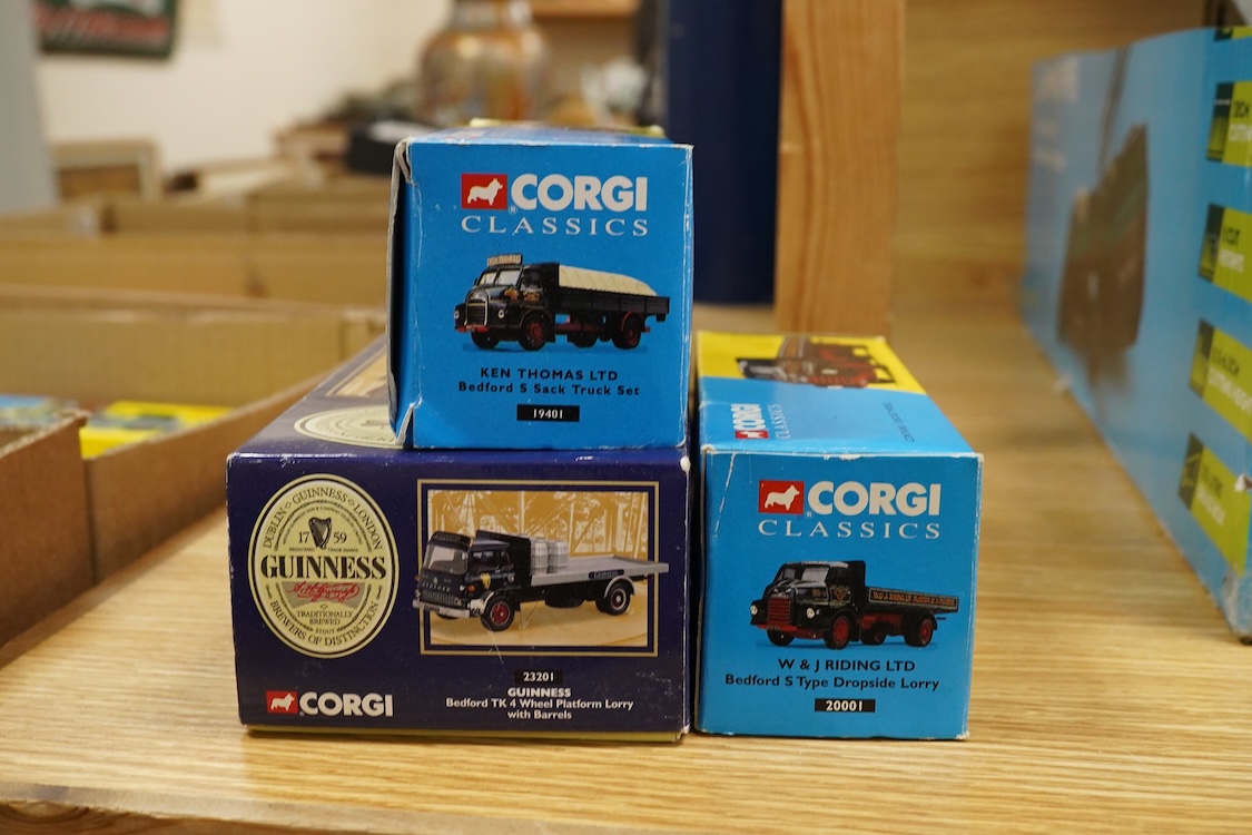 Forty boxed diecast commercial vehicles by Corgi, Corgi Classics, etc., including vehicles from the Guinness series, Vintage Glory of Steam, Eddie Stobart, etc., together with a few repainted Dinky Toys, including a Fode